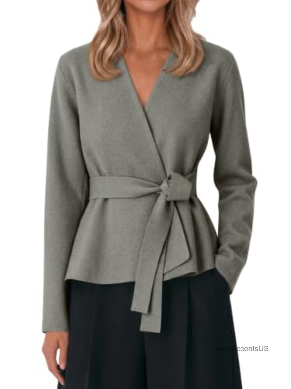 Womens Open Front Cardigan Long Sleeve Knit Wrap Belted Sweater
